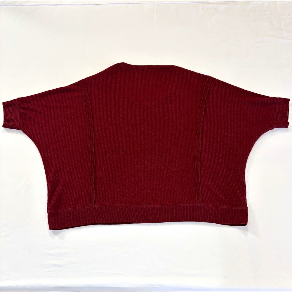Women's L Burgundy Ribbed Knit V-Neck Short Sleeve Oversized Sweater
